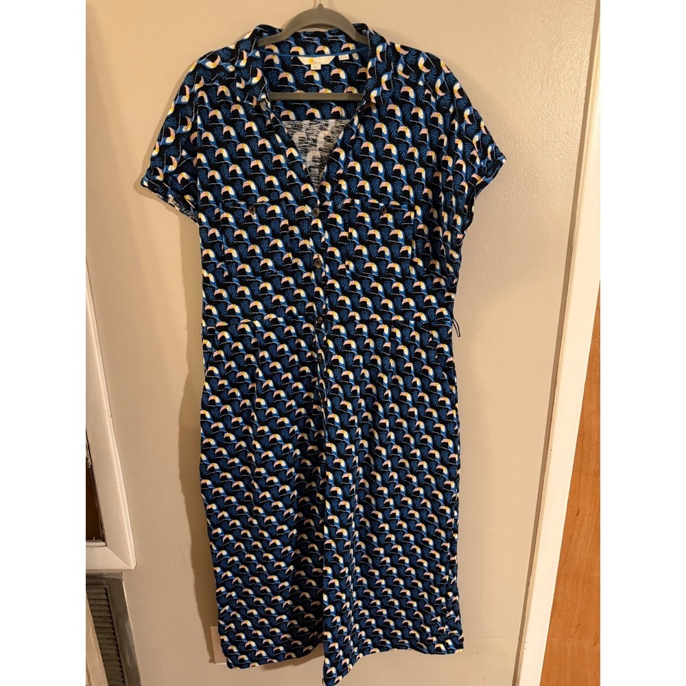Boden Toucan Tropical Print Button Front Midi Shirt Dress Navy Blue US 16/18 R